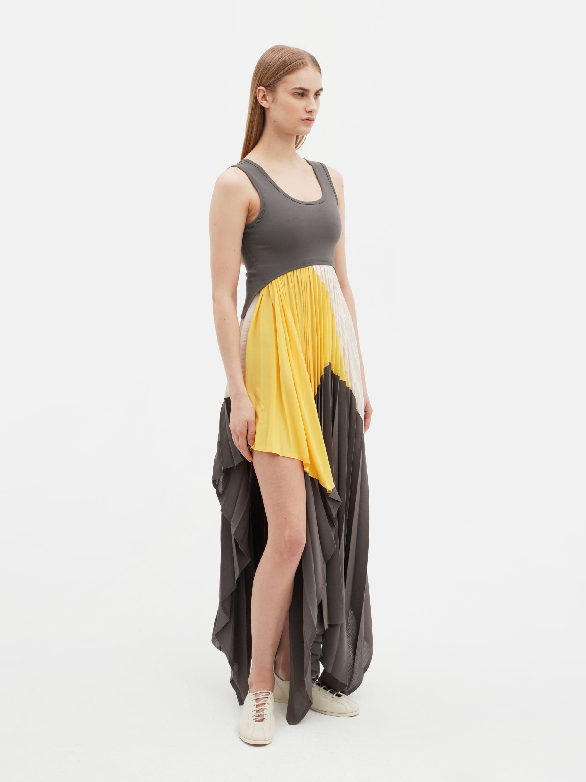 Pleated Dress with Jersey Top Grey