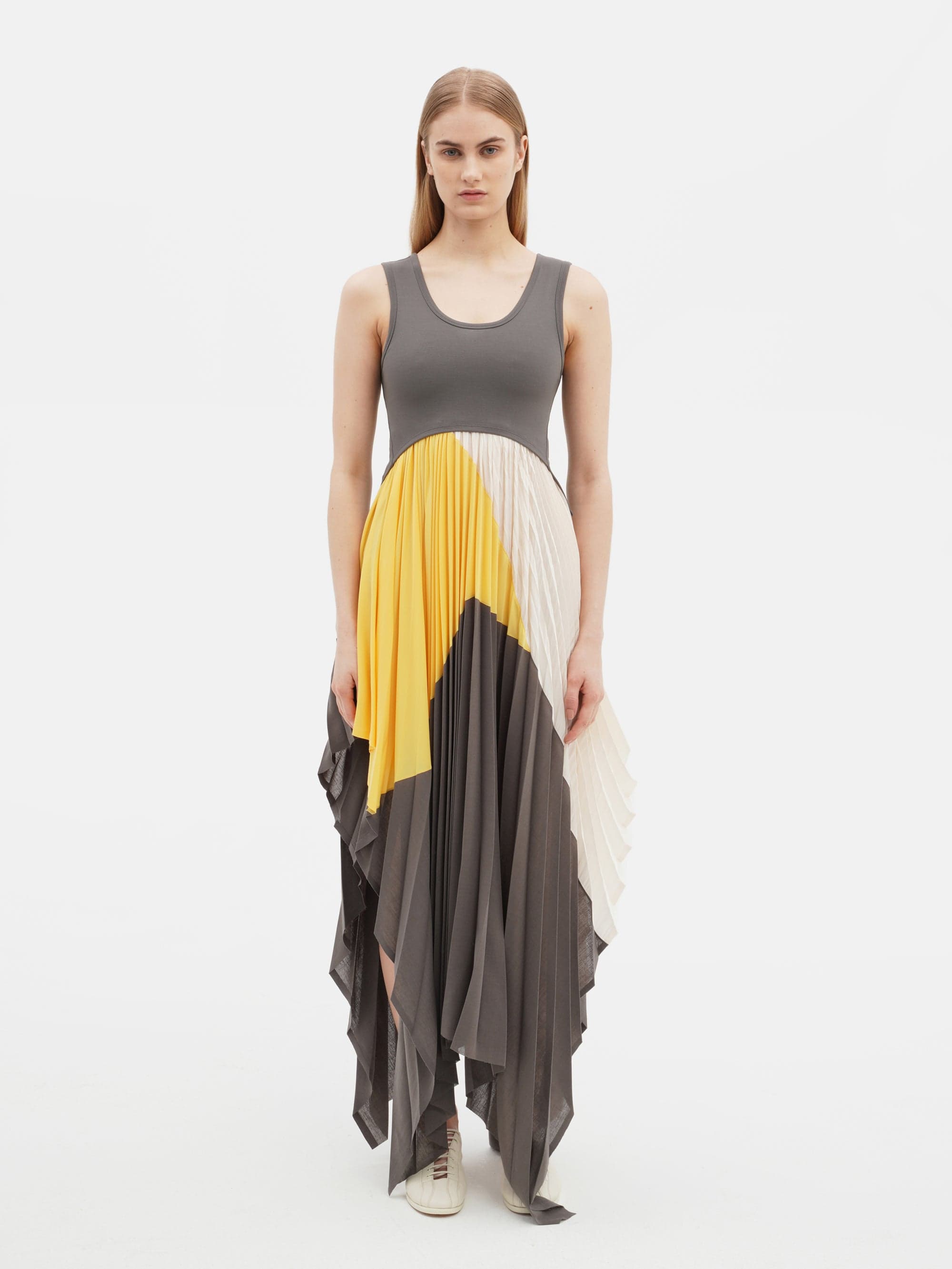 Pleated Dress with Jersey Top Grey