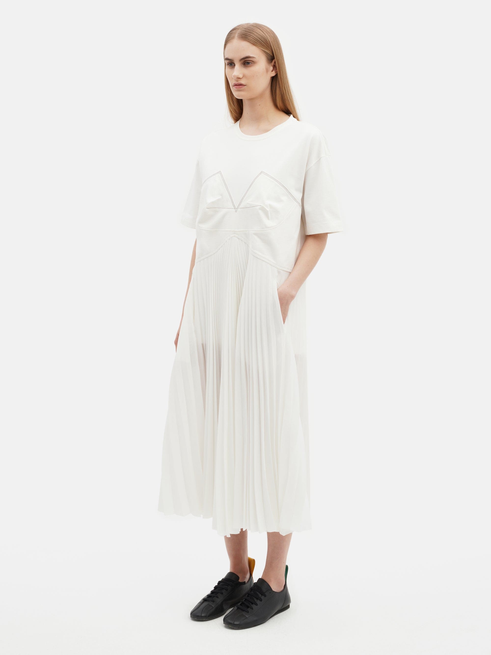 Crushed Bra Pleated Dress White