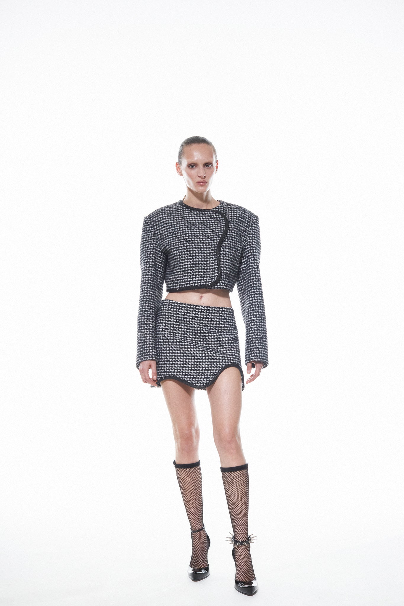HOUNDSTOOTH CROPPED JACKET - Black/White